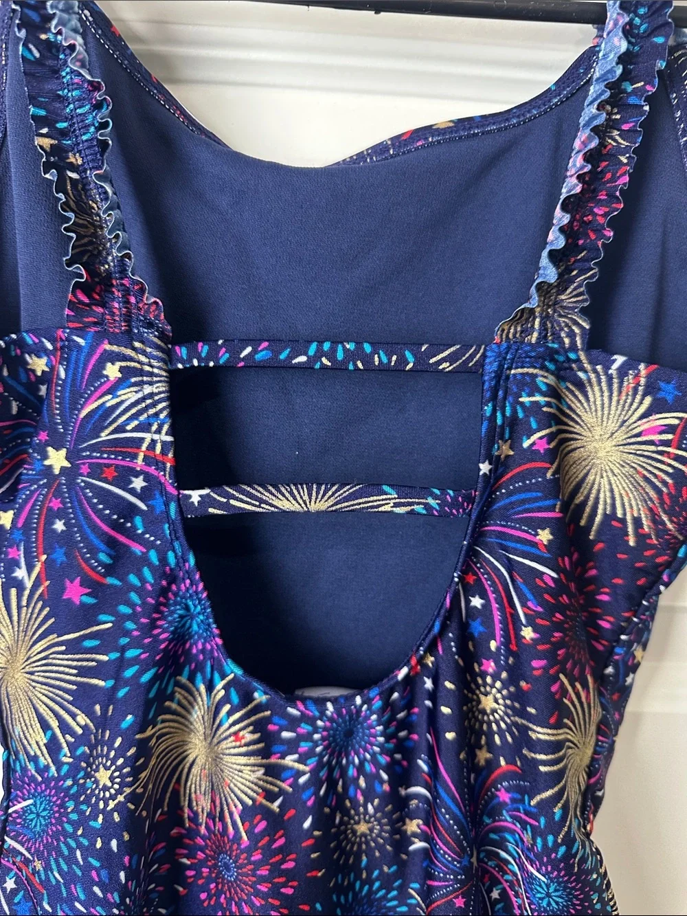 Cat & Jack Girls Fireworks Print One-Piece Swimsuit -Navy Multicolor Ruffle XL